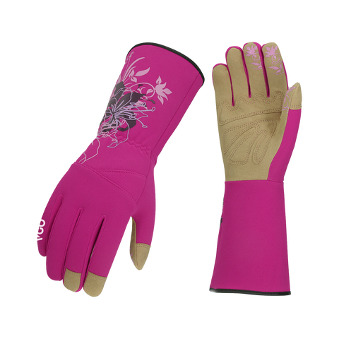 VGO 1Pair Ladies' Synthetic Leather Gardening Gloves, Long Sleeves Gauntlet, Breathable & Grip Work Gloves, High Dexterity, Washable(SL7445-RED)