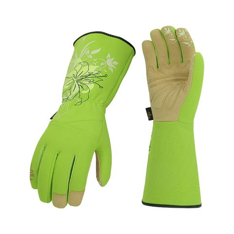 VGO 1Pair Ladies' Synthetic Leather Gardening Gloves, Long Sleeves Gauntlet, Breathable & Grip Work Gloves, High Dexterity, Washable(SL7445-GRE)