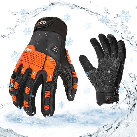 VGO 1 Pair -20℃/-4°F COLDPROOF, Winter Work Leather Gloves, Mechanics Gloves, Impact Gloves, Anti-Vibration Gloves For Men ( CA7722FLWP-BLA)