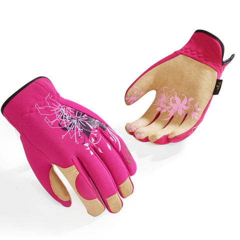 VGO 1-Pair Women's Gardening Gloves - Synthetic leather or Premium Goat Leather Work Gloves with Thornproof&Non-Slip Grip, Breathable Floral Design, Ergonomic Fit for Pruning, Landscaping,Outdoor(GA7444/SL7443)