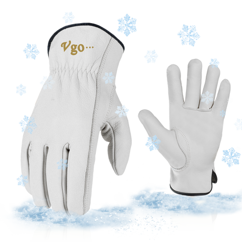 VGO 2 Pairs 32℉ or Above Lined Winter Cow Grain Leather Work and Driver Gloves For men (Cream,CA9501F)