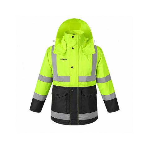 ILOND High Visibility Reflective Rain Jacket for Men, Waterproof Hi Vis Safety Rain Gear with Detachable Hood, Adjustable Cuffs & Large Pockets for Construction and Road Work