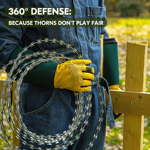 VGO 1 Pair Men/Women's Leather Extra-long Cuff Gardening Gloves, Work Gloves, Puncture-proof, Thornproof, Durability, Touchscreen (Golden Green, CA7472/ Pink White GA9659)