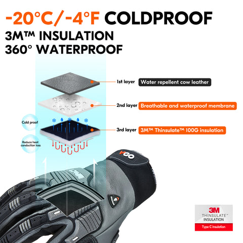 VGO 1 Pair -20℃/-4°F COLDPROOF, Winter Work Leather Gloves, Mechanics Gloves, Impact Gloves, Anti-Vibration Gloves For Men ( CA7722FLWP-GRA)