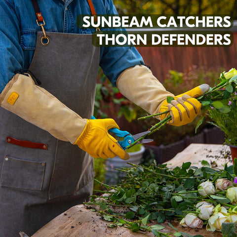 VGO 1 Pair Premium Cow Grain Leather Extra-long Cuff Thornproof, Anti-abrasion, Anti-Impact Gardening Gloves(CA9659-M/CA1013)