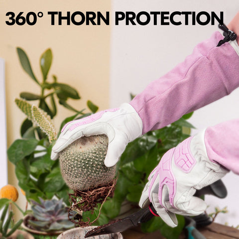 VGO 1 Pair Men/Women's Leather Extra-long Cuff Gardening Gloves, Work Gloves, Puncture-proof, Thornproof, Durability, Touchscreen (Golden Green, CA7472/ Pink White GA9659)