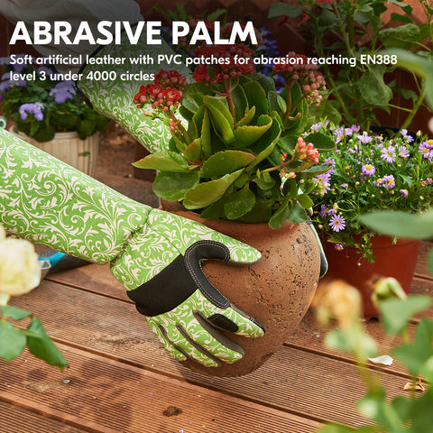 VGO 1 Pair Gardening Gloves Ladies, Synthetic leather/Goat leather palm, Safety Work Gloves, Long Sleeves Gauntlet, Puncture Proof, Touchscreen(Green,AL6608/GA9658)