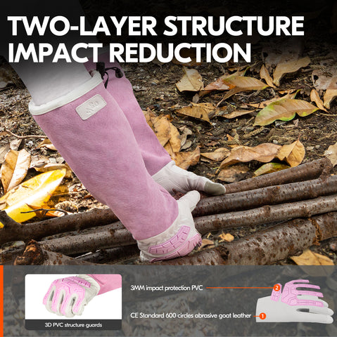 VGO 1 Pair Men/Women's Leather Extra-long Cuff Gardening Gloves, Work Gloves, Puncture-proof, Thornproof, Durability, Touchscreen (Golden Green, CA7472/ Pink White GA9659)