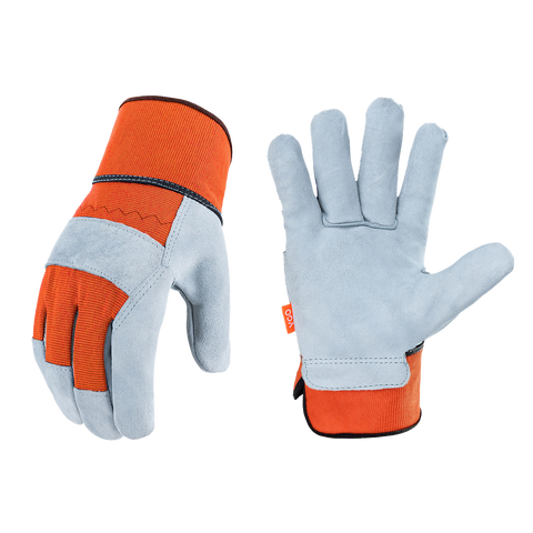 VGO Multiple Colours Cow Split Leather Men's Work Gloves with Safety Cuff (Blue&Orange&Green, CB3501)