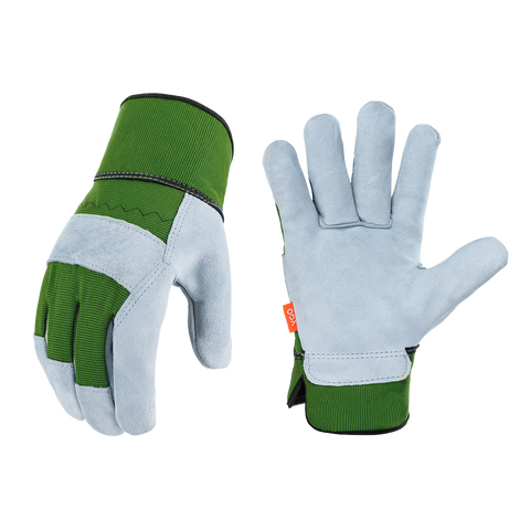 VGO Multiple Colours Cow Split Leather Men's Work Gloves with Safety Cuff (Blue&Orange&Green, CB3501)