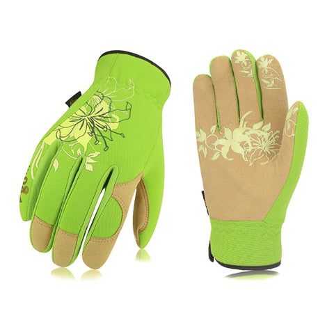 VGO 1-Pair Ladies' Synthetic Leather Gardening Gloves, Breathable & Grip Work Gloves, High Dexterity, Washable (Green/Red, SL7443)