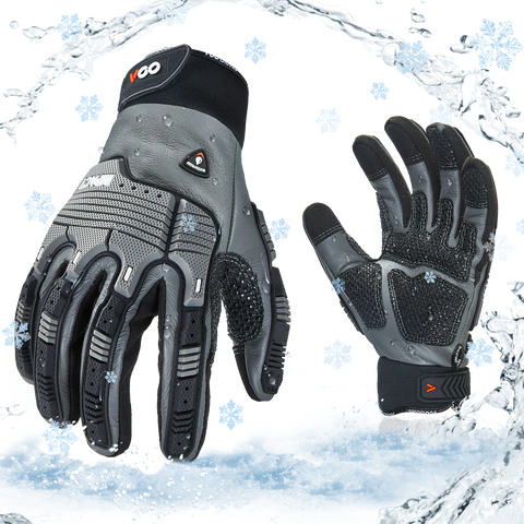VGO 1 Pair -20℃/-4°F COLDPROOF, Winter Work Leather Gloves, Mechanics Gloves, Impact Gloves, Anti-Vibration Gloves For Men ( CA7722FLWP-GRA)