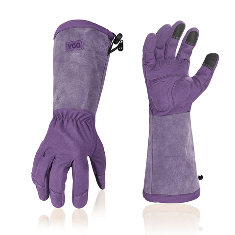 Vgo 1Pair Ladies' Synthetic Leather Palm with Long Pig Split Leather Cuff Rose Garden Gloves (Purple,SL6592W-P)