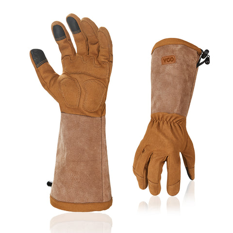 VGO 1 Pair Men's Synthetic Leather Extended Pig Split Leather Cuff Rose Pruning Thorn Proof Garden Gloves ( Brown,SL6592M-BR)