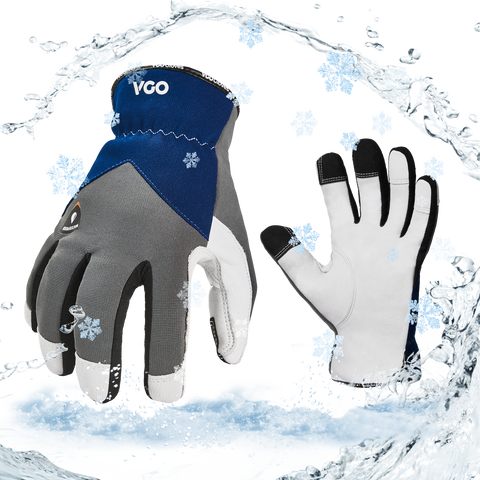 VGO 1 Pair 0℃/32°F Winter Leather Work Gloves, Cold Weather Waterproof Safety Work Gloves,Cold Storage or Freezer Use,with 3M Thinsulate Lining (Grey, GA7711FW)