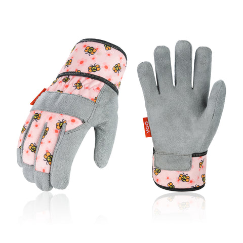 VGO 1-Pair Age 4-8 Kids Gardening Gloves,Children Yard Work Gloves,Soft Safety Outdoor Playing Gloves(Pink/Blue Bee, KID-MF3561)