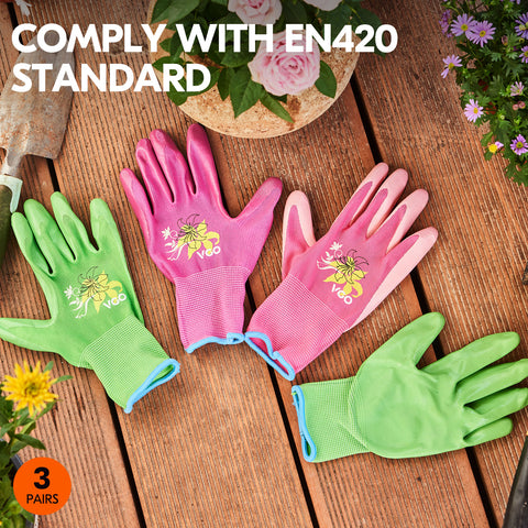 Vgo... 3 Pairs Nitrile Coating, Dipping Gardening and Work Gloves for Women (3Colors,NT2110-P)