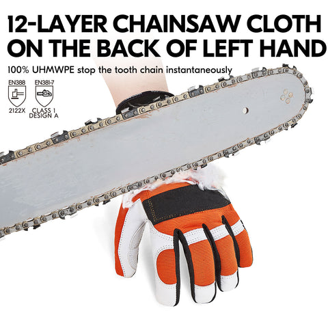 VGO 1 Pair Chainsaw Gloves with Protection on Left Hand Back12-Layer Chainsaw Protection, Safety leather Work Gloves, Mechanic Gloves(GA8912)