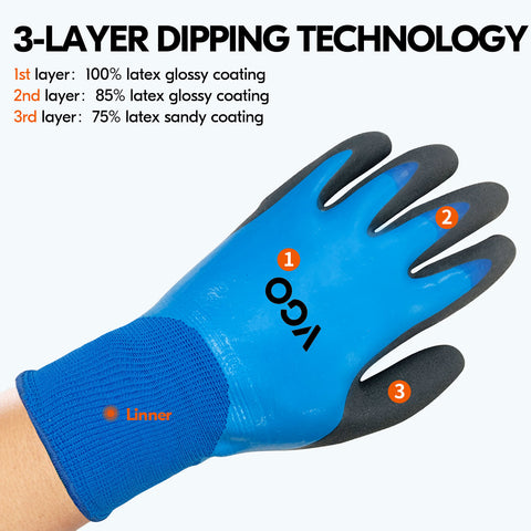 VGO 2-Pairs 32°F Triple Latex Coating Winter Gloves, Light Duty Work Gloves, Waterproof, Oil Resistance, Abrasion Resistance (Blue, RB2172)