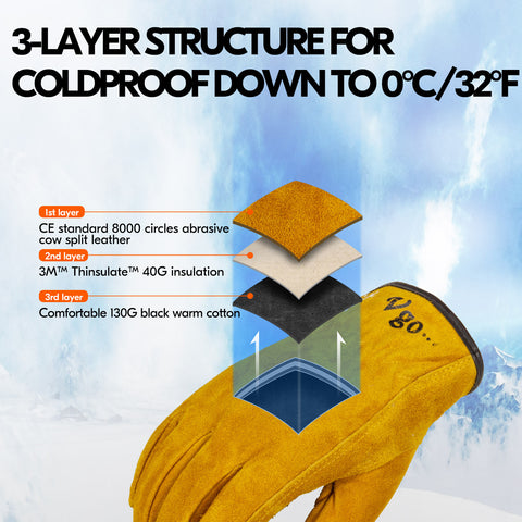 VGO 1 Pairs 32℉ or above 3M Thinsulate C40 Winter Lined Cowhide Split Leather Work and Driver Gloves(Gold,CB9501F-G)