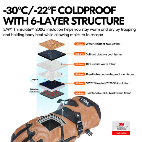 VGO 1 Pair -30℃/-22°F or Above Cow Leather Warm Ski  For Male and Female (Age Above 18 years old), Winter Snow Gloves, Outdoor Gloves, 3M Thinsulate Waterproof Gloves (CA2468FW)