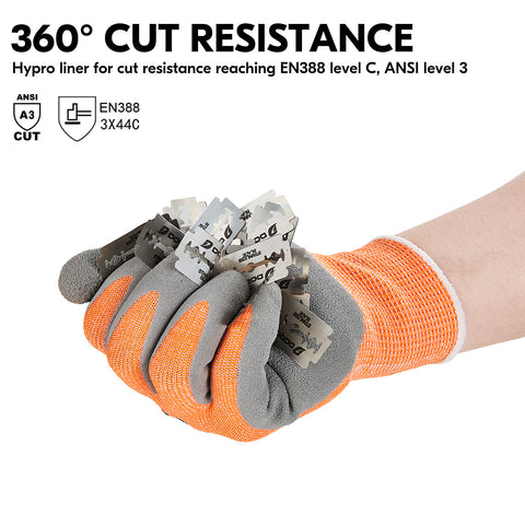 VGO 1/2/5 Pairs ANSI Level 3 Cut Resistant Gloves Certified Hand Protection, Latex Rubber Coated Gardening and Work Gloves(Orange/Blue,RB2148HY)
