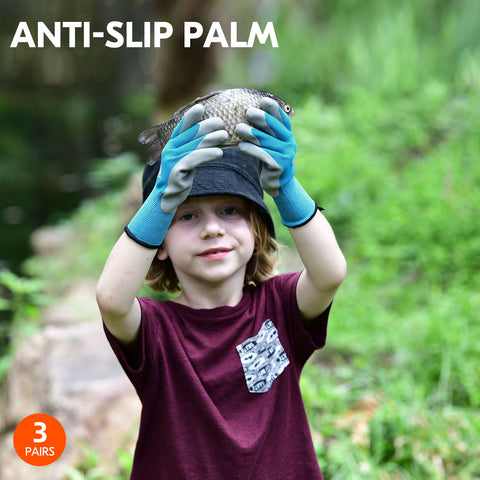 VGO 3-Pairs Age 3-9 Kids Gardening Gloves, Children Yard Work Gloves, Soft Safety Rubber Glove (3 Colors,KID-RB6013)