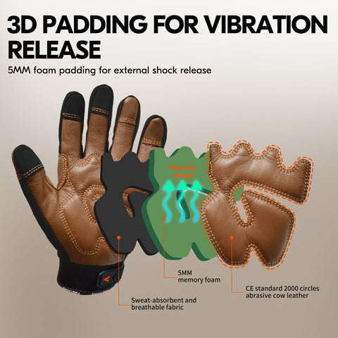 VGO 1-Pair Safety Leather Work Gloves, Mechanics Gloves, Anti-Vibration Gloves,Water Resistant, Medium Duty (Brown, CA9765WP)