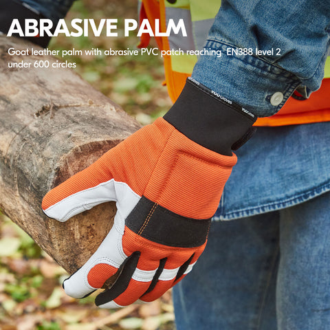 Vgo Chainsaw Safety Gloves - Pair With 12-Layer Cut Protection On Left Hand, Goat Leather Palm, Touchscreen Compatible (Large, Orange)