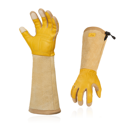 VGO 1Pair/2 Pairs Premium Cow Grain Leather Extra-Long Cuff Thorn proof Gardening Gloves (Men's Gold, CA1013-M)