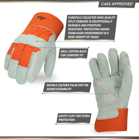 VGO 3 Pairs Cow Split Leather Men's Work Gloves with Safety Cuff (Size L,Orange,CB3060)