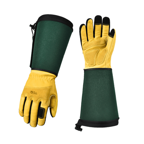 VGO 1 Pair Cow Grain Leather Extra-long Cuff Gardening Gloves, Work Gloves, Puncture-proof, Thornproof, Durability, Touchscreen (Golden Green, CA7472)